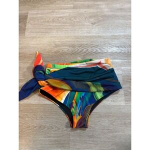 BFYNE Zoey Bottom Green Orange Print High Waisted Tie Side Bikini Swim Bottom M
